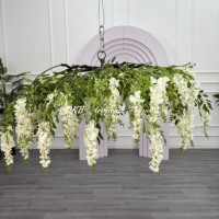 Fleurs artificielles en soie blanche DKB Wisteria suspendues pour plafond, design rond, 140 cm de diamètre, fleurs blanches et vertes, décoration de plafond