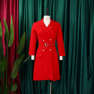 Robe <span class=keywords><strong>de</strong></span> bureau sur mesure pour femmes grandes tailles, manches longues, col en V, plissée, mi-longue, avec décoration boutonnée, pour le travail, décontractée, formelle - Product Image 6