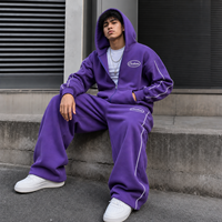 Ensemble sweat à capuche zippé et pantalon de survêtement en tissu éponge épais personnalisé pour homme, imprimé sur toute la surface avec rayures latérales, style streetwear automne, vente en gros