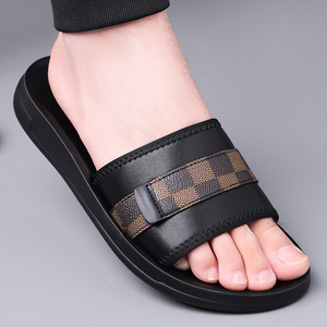 Sandalias de Playa para Hombre, Diseño Veraniego, Punta Abierta, Parte Superior de PU, Suela de EVA Antideslizante, Patrón a Cuadros, Casuales - Product Image 1