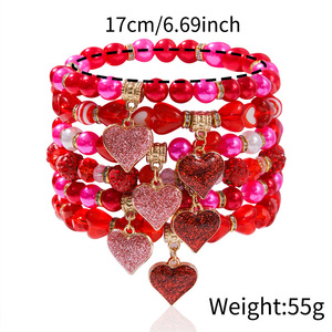 Heart Shape Acrylic Beaded Elastic Bracelet Set For Couple Valentine's Day Jewelry Multi Layer <b>Red</b> Pink <b>Glitter</b> Charm Bracelets - Product Image 4