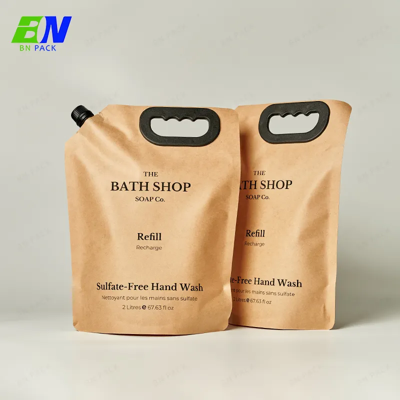 Recyclable 1.5l 2L Refill Natural Kraft Paper Shampoo Detergent Cream Oil Stand Up Spout Pouch With Handle