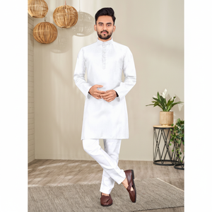 ThobeKurta de mariage pakistanais pour homme en coton bleu marine avec bouton de col à manches longues et chaîne Style pyjama - Product Image 1
