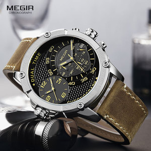 Montres-bracelets à quartz <span class=keywords><strong>MEGIR</strong></span> 2093 pour hommes, double fuseau horaire, chronographe de luxe en cuir, <span class=keywords><strong>montre</strong></span> de sport - Product Image 5