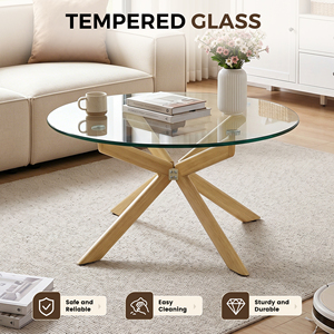 Table basse en verre trempé avec pieds en bois massif, meubles de salon modernes, durables et multifonctionnels - Product Image 3