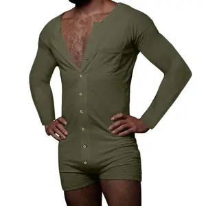 King Mcgreen Star piyama satu potong pria Bodysuit warna Solid pakaian rumah menggoda baru celana pendek lengan panjang kemeja Bottoming seksi