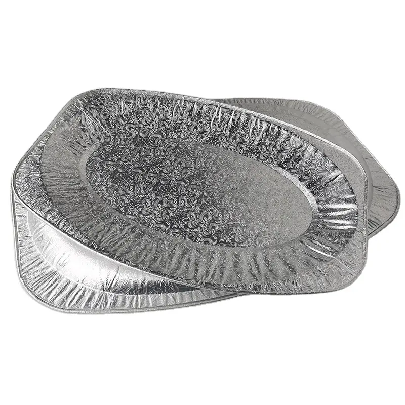 Embossed oven baking large disposable serving trays oval aluminum foil container catering fish barbecue tray