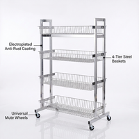 Étagère de présentation à quatre niveaux en fil chromé, support de rangement en fer chromé avec roulettes pivotantes pour magasin de détail
