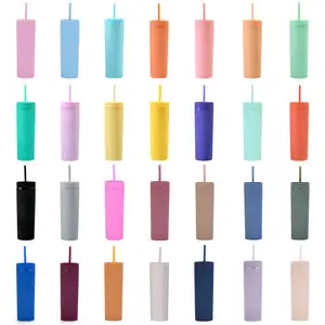 थोक 16oz 450ml स्लिम पतला एक्रिलिक हल्के रंगीन मैट Tumblers प्लास्टिक भूसे के साथ पुन: प्रयोज्य गिलास कप