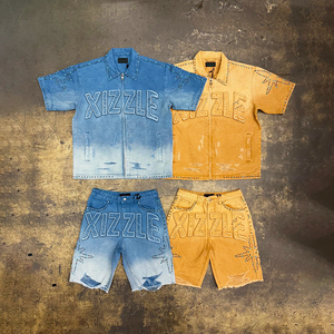 Athleisure Men Zip <b>Up</b> Shirt And <b>Jean</b> Shorts Two Piece Denim Set Vintage Washed Hip Hop Rhinestone Embroidered Denim Set - Product Image 1