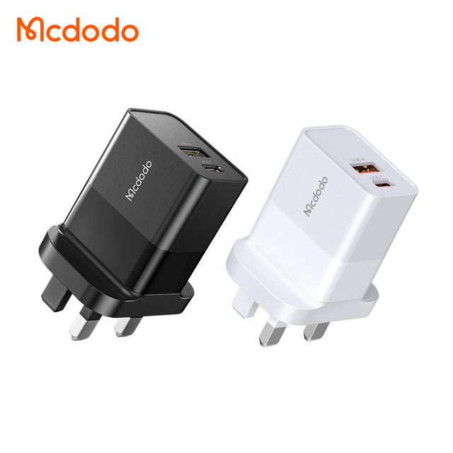 Mcdodo 130 20W UK Three Pin Black PD QC3.0 Fast Phone Charging Type C + USB Charger for Iphone Ipad Macbook Android Fast Charger