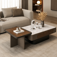 Mesa de Centro Moderna Cuadrada con Tapa de Piedra, Estructura de Madera y Dos Cajones para Sala de Estar y Apartamentos
