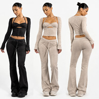 Ensemble 2 pièces pour femme : Haut court à manches longues et pantalon évasé, couleur unie, style Y2K, streetwear décontracté, en tissu éponge, vente en gros, commandes en gros