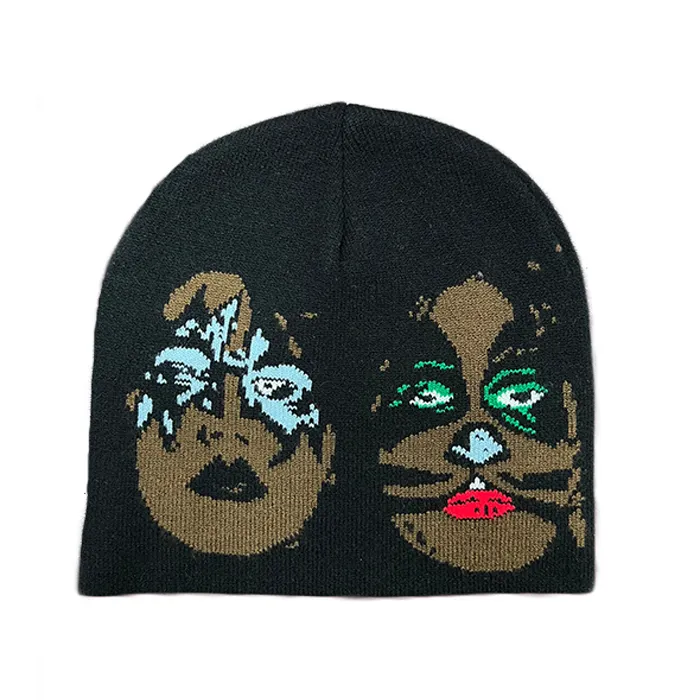 Bonnet personnalisé 100% acrylique avec tête de mort imprimé avec son propre motif Jacquard torsadé Bonnet pour hommes Bonnet tricoté Chapeaux d'hiver