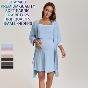 Ensemble <span class=keywords><strong>de</strong></span> robe <span class=keywords><strong>de</strong></span> nuit et <span class=keywords><strong>de</strong></span> pyjama d'allaitement pour femmes enceintes, 95% viscose, 5% élasthanne, 3 pièces, bordure en dentelle, respirant - Product Image 1