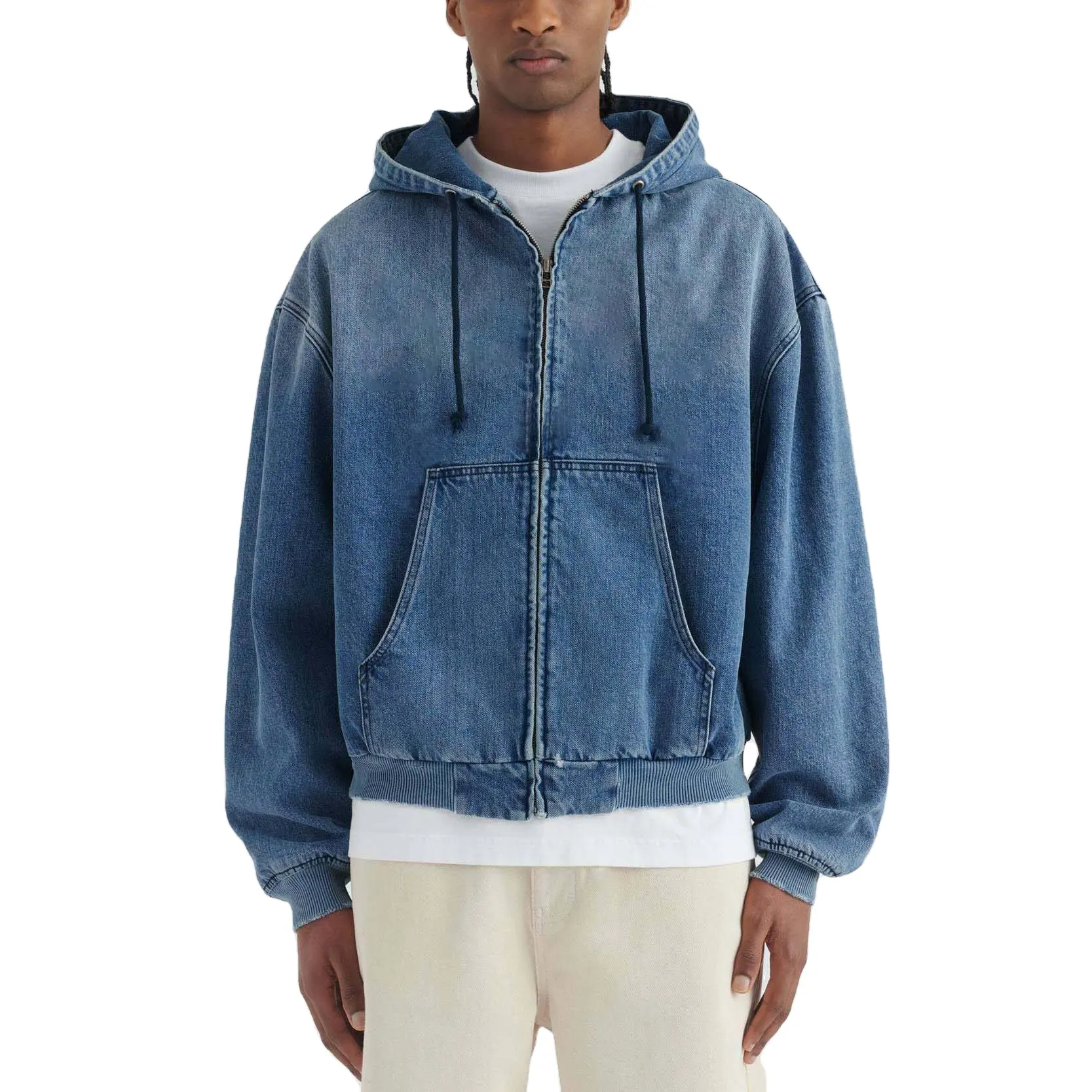 Personnalisé de haute qualité Applique Broderie Denim Tears Zip Up Hoodies Vintage Bleu Clair 2 Tons Lavage Cordon Hoodie Pour Hommes