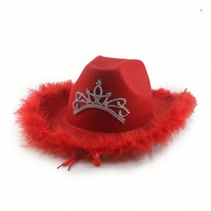 Sombreros Vaqueros Estilo Occidental para Mujer, Sombrero de Fiesta con Borde de Plumas, Sombreros Vaqueros Rosas con Corona - Product Image 6