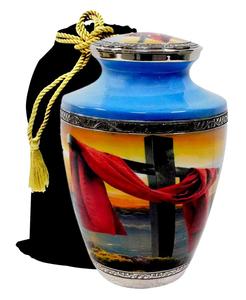 Holy Cross Brass and Silver Cremation <b>Urn</b> for Adult Ashes Elegant Funeral Memorial Band Durable Metal From Tasty Band Silver - Product Image 1
