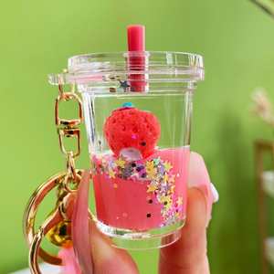 3D Acrylic Kawaii Cute Keyring Key Chain Ring Creative Filed Liquid Oil Quicksand Bottle Cute Strawberry <b>Floating</b> Keychain - Product Image 3