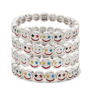 Pulseras Elásticas de Satén Color Plata con Diseño Bohemio de Cara Feliz para Mujer, Pulseras de Moda con Múltiples Niveles - Product Image 1
