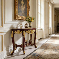Table console de luxe européenne en bois massif, sculptée or antique, pour hall d'entrée, mobilier de décoration d'entrée de maison, vente en gros