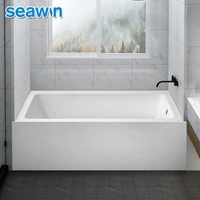 Baignoire autoportante rectangulaire moderne en acrylique blanc, profonde, à 3 parois, pour une personne, avec jupe simple, pour salle de bain.