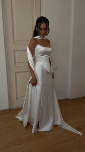 Mily gaun pengantin MHL636, Bustier tanpa lengan dan rok Maxi Satin belah 2 potong korset gaun pernikahan dengan syal - Product Image 3