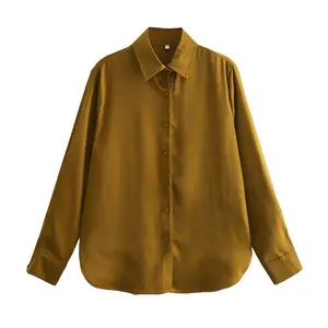 Long sleeve turn down collar khaki color casual fashion tops for women