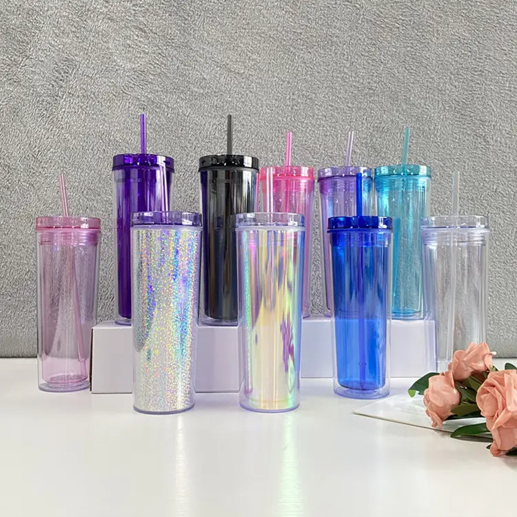 BPA Free Laser Holographic Glitter 19Oz Đôi Tường Rõ Ràng Acrylic Nhựa Skinny Cao Thẳng Mỏng Cách Điện Tái Sử Dụng Tumbler