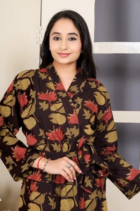 Bohemian Style Hand Block Printed Kantha <b>Kimono</b> Robe for Women Lightweight Cotton Fabric with <b>Belt</b> for Sleepwear and Loungewear - Product Image 2
