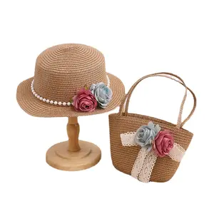 新夏季美丽女孩花纸编织沙滩帽和儿童沙滩包套装