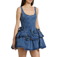 RedPeony Nouvelle Robe d'Été Femme 2025 Tendance, en Jean, avec Fleurs 3D, Style Vintage Y2k Coupe Trapèze, Col Halter, Robe Courte de Soirée et Club