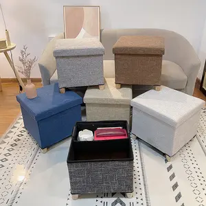 Factory Best Price 30*30*30Cm Cotton Linen Square Sofa Stool Storage Ottoman With Inner Storage Room Box And Hard Fibreboard