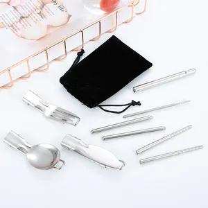 304 可折叠可重复使用的银叉勺子和刀筷子金属吸管套装露营便携式不锈钢旅行餐具袋