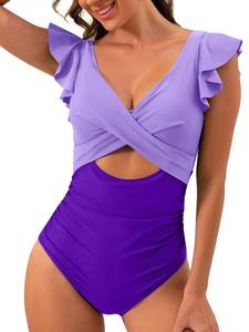 Nouveau Sexy couture couleur dos nu col en v creux rides une pièce imperméable à l'eau séchage rapide 100% Polyester femmes maillots de bain maillot de bain - Product Image 4