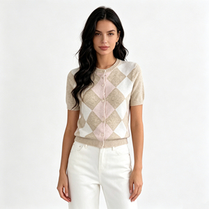 Comodo Top in Maglia con Motivo Argyle e Bottoni, <span class=keywords><strong>Cardigan</strong></span> da <span class=keywords><strong>Donna</strong></span> <span class=keywords><strong>Beige</strong></span> Rosa a Maniche Corte con Collo Rotondo, Abbigliamento in Maglia - Product Image 6