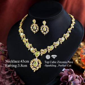 طقم مجوهرات فاخر للغاية مطلي بالذهب ومرصع بالزركونيا المكعبة بلون أصفر زيتوني للنساء، للمشاركة في الخطوبة وحفلات الزفاف والولائم - Product Image 3