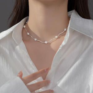 Collar de Plata S925 con Cuentas Redondas Onduladas en Tubo Curvo, Perlas Francesas y Cadena para Clavícula D8728 - Product Image 4