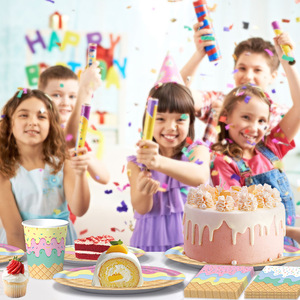 ชุดตกแต่งปาร์ตี้ไอศกรีม DAMAI จานธีมไอศกรีมสำหรับงานวันเกิด จานขนมหวานแบบใช้แล้วทิ้งลายสตรอว์เบอร์รี ผ้าเช็ดปาก ส้อม - Product Image 4