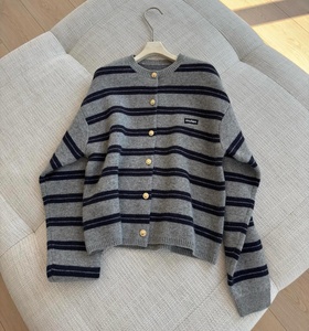 SUHE Women's Korean Gray Striped Wool/Nylon Single Breasted Knit <b>Cardigan</b> <b>Sweater</b> Front Chic Casual Outerwear Autumn Winter - Product Image 2