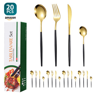 20 Pcs Stainless Steel Cutlery <b>Set</b> Gold Black Handle Tableware For <b>Dinner</b> Party Gift Box Packaging - Product Image 1