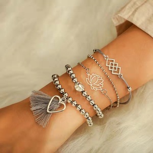 Ensemble de bracelets à breloques tendance en argent tibétain, perles, cœur, lotus, pompon, géométrie, cadeau pour femme 2024 - Product Image 2