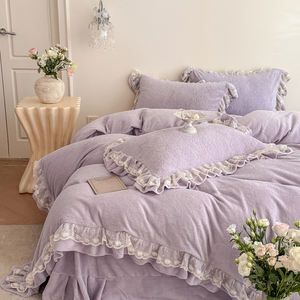 ชุดผ้าทอลายลูกไม้สีทึบชุดผ้ากำมะหยี่นม4ชิ้นสำหรับเด็กผู้หญิงเจ้าหญิงสีชมพูขอบใบบัวชุดสี่ชิ้น - Product Image 6