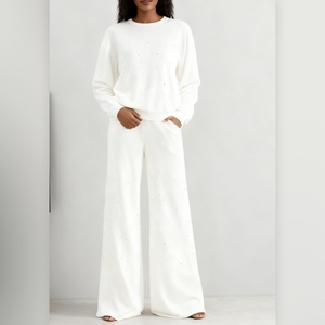 ชุดเซ็ต 2 ชิ้น เสื้อไหมพรมแขนยาวคอกลมประดับเพชรระยิบระยับลายดาวสำหรับผู้หญิง พร้อมกางเกงไหมพรมทรงหลวม แฟชั่นฤดูใบไม้ร่วง - Product Image 5