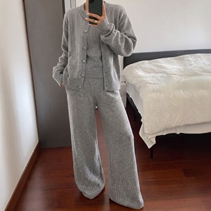 Women's <b>Knitted</b> Cardigan And Trouser Suit Grey Loose Fit Rhinestone Detail Autumn Winter Casual <b>Set</b> Smlxlxxl - Product Image 1