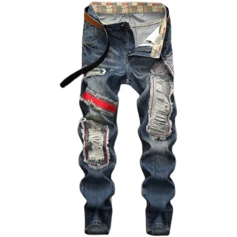 Distressed Ripped Biker Jeans Straight Hole Warm Pants jeans hombre Hip Hop Slim Fit Straight Leg Denim Jeans Men