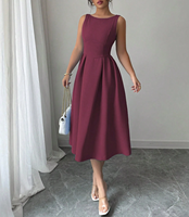 Robe midi plissée sans manches bordeaux décontractée et polyvalente pour femme, col bateau, dos nu, coupe trapèze