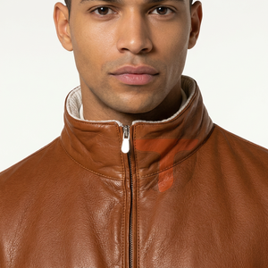 Veste d'extérieur décontractée pour homme TAKESHI en cuir véritable de haute qualité, col en V, durable, respirante, avec rembourrage en polyester, idéale pour l'automne - Product Image 1