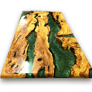 Table de salle à manger rectangulaire moderne en résine avec bord naturel, faite à la main, design grain de bois vert et or, mobilier pour la maison et l'entrée d'hôtel - Product Image 1