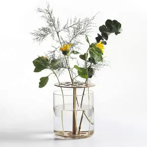 Hand blown transparent high borosilicate large glass vase with brass bracket grid metal flower arrangement ornaments
